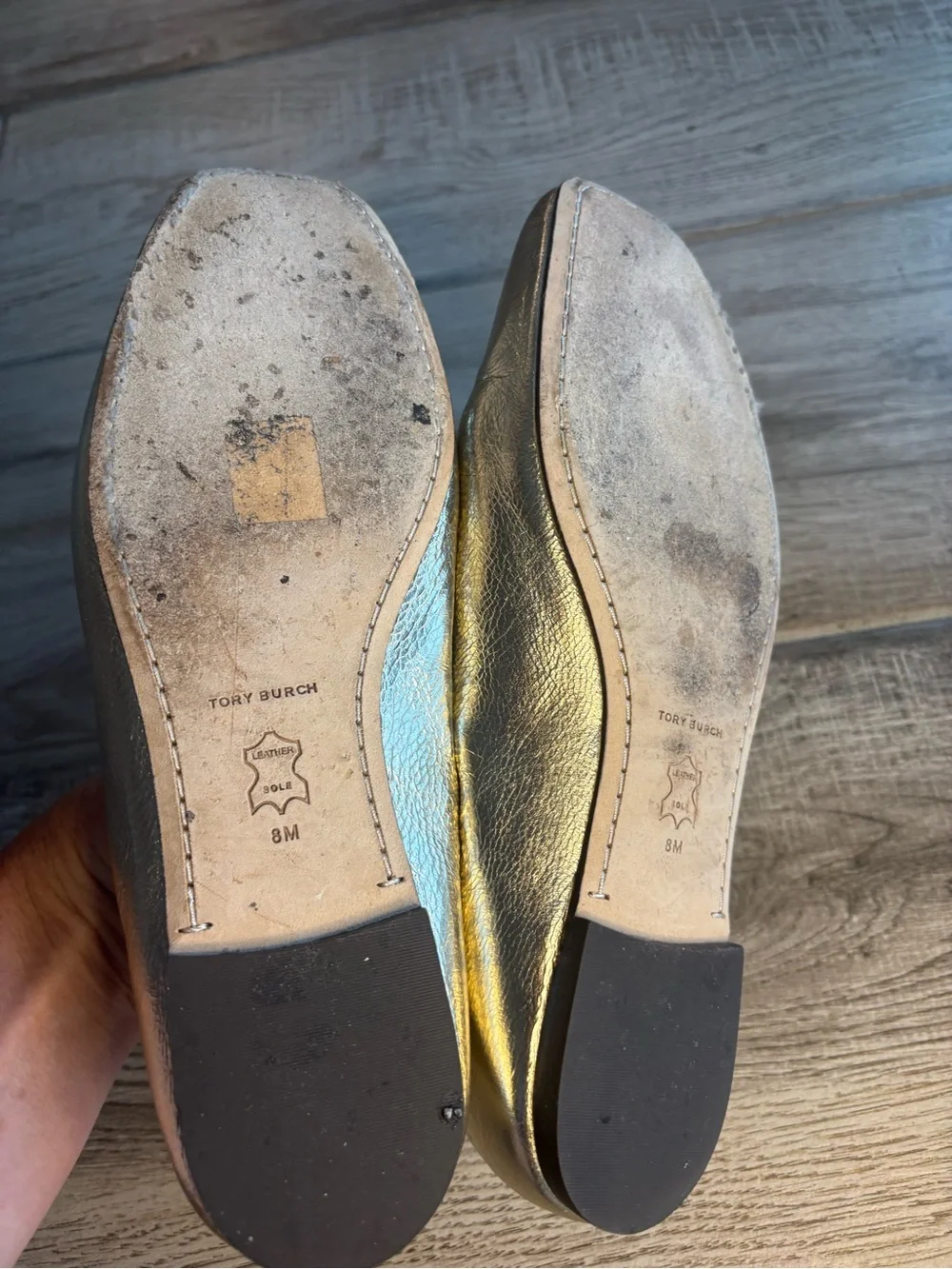 Tory Burch Georgia Metallic Gold Square-Toe Logo Ballet Flats size 8